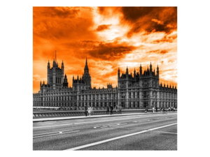 Obraz Westminsterského opatství s oranžovou oblohou