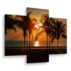 Schilderij - Palmboom bij zonsondergang