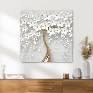 Glasbild eines weißen Baumes mit Blumen (2)