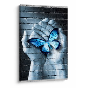 Schilderij - Blauwe vlinder aan de muur