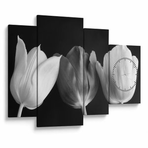 Schilderij - Zwart-witte tulpen (met klok) (V021916V11075C)