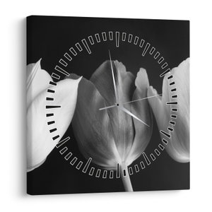 Schilderij - Zwart-witte tulpen (met klok) (V021916V3030C)