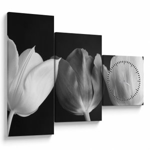 Schilderij - Zwart-witte tulpen (met klok) (V021916V9070C)