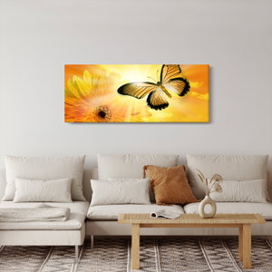 Schilderij - Gele vlinder met bloem (2)