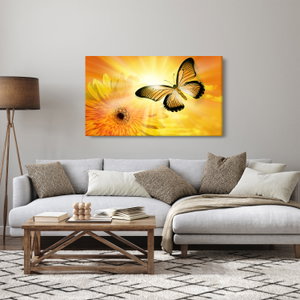 Schilderij - Gele vlinder met bloem (2)