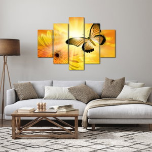 Schilderij - Gele vlinder met bloem (4)