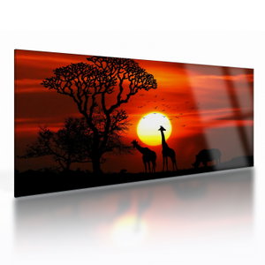Glasschilderij - Silhouetten van dieren bij zonsondergang (V022600V10050GD)