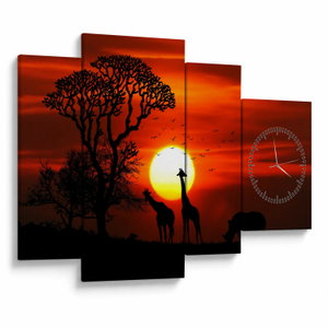 Schilderij - Silhouetten van dieren bij zonsondergang (met klok) (V022600V11075C)