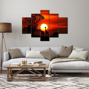 Schilderij - Silhouetten van dieren bij zonsondergang (2)