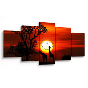 Schilderij - Silhouetten van dieren bij zonsondergang (met klok) (V022600V15080C)