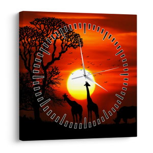 Schilderij - Silhouetten van dieren bij zonsondergang (met klok) (V022600V3030C)