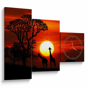 Schilderij - Silhouetten van dieren bij zonsondergang (met klok) (V022600V9070C)