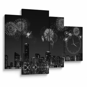 Schilderij - Vuurwerk in Miami, zwart-wit (met klok) (V023271V11075C)