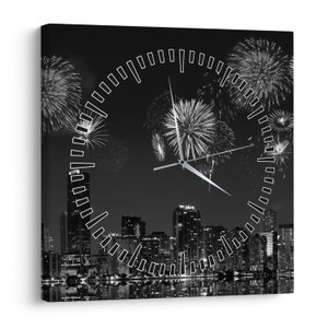 Schilderij - Vuurwerk in Miami, zwart-wit (met klok) (V023271V3030C)