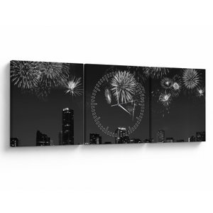 Schilderij - Vuurwerk in Miami, zwart-wit (met klok) (V023271V9030C)
