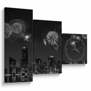 Schilderij - Vuurwerk in Miami, zwart-wit (met klok) (V023271V9070C)