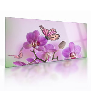 Skleněný obraz - Motýl na květech orchideje, lila (V024625V10050GD)