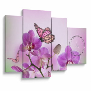 Obraz - Motýl na květech orchideje, lila (s hodinami) (V024625V11075C)