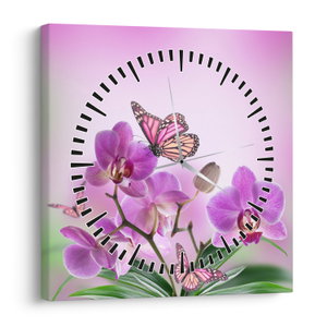Obraz - Motýl na květech orchideje, lila (s hodinami) (V024625V3030C)