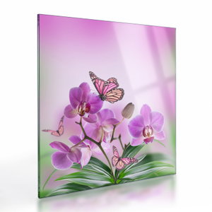 Skleněný obraz - Motýl na květech orchideje, lila (V024625V3030GD)