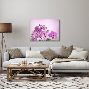 Obraz - Motýl na květech orchideje, lila (2)