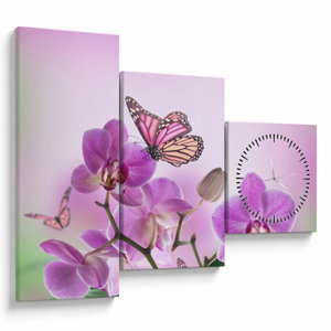 Obraz - Motýl na květech orchideje, lila (s hodinami) (V024625V9070C)