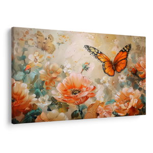 Schilderij - Vlinder en bloemen, olieverfschilderij