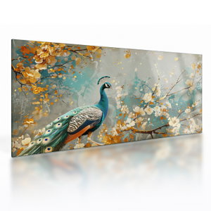 Glasschilderij - Pauw met gouden decoratie (V024893V10050GD)