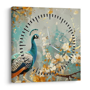 Schilderij - Pauw met gouden decoratie (met klok) (V024893V3030C)