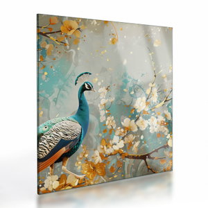 Glasschilderij - Pauw met gouden decoratie (V024893V4040GD)
