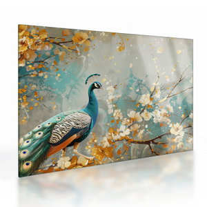 Glasschilderij - Pauw met gouden decoratie (V024893V7050GD)
