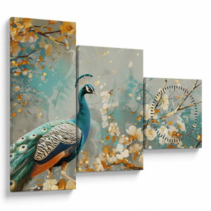 Schilderij - Pauw met gouden decoratie (met klok) (V024893V9070C)