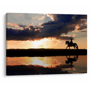 Schilderij - Ruiter op een paard bij zonsondergang