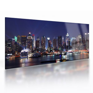 Glasschilderij - Verlichte wolkenkrabbers van New York (V025150V10050GD)