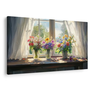 Bild auf Leinwand  - Blumenstrauß am Fenster