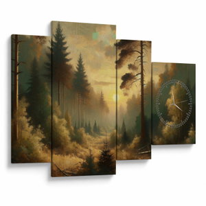 Schilderij - Zon die door het bos schijnt (met klok)