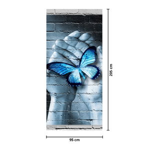 Deursticker - Blauwe vlinder aan de muur (4)