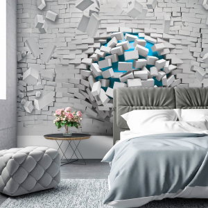 Fototapeta - 3D modrý míč a bílá cihlová zeď