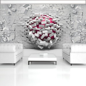 Fototapeta - 3D míč a bílá cihlová zeď
