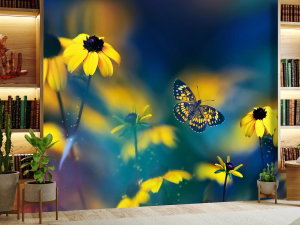 Fototapete - Gelbe Blumen mit Schmetterling