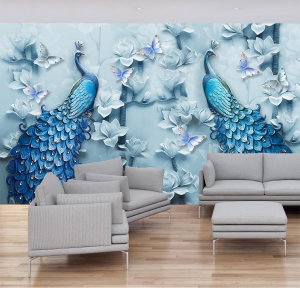 Fotobehang - Blauwe pauwen 3D