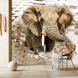 Fototapete - Elefant bricht durch Mauer