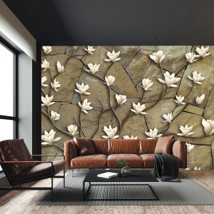 Fotobehang - Witte magnolia´s aan stenen muur