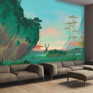 Fotobehang - Hert en landschap, digitale schilderij