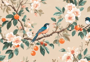 Fotobehang - Vogels op een sinaasappelboom (3)